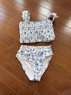 Little Me White and Blue Floral Smocked Two-Piece Swim Set